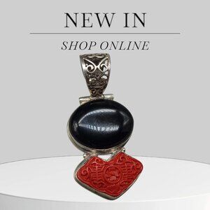 Sterling Silver Onyx Carved Cinnabar Pendant Large Tibetan Style 925 23 Grams